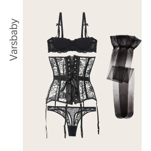 Varsbaby Sexy breathable underwear womens ultra-thin lace see-through small chest underwear thong underwear set