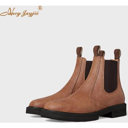 Brown Pu Round Toe Low Square Heel Chelsea Boots 2021 Autumn Winter Ladies Retro Ankle Booties Women’S Elastic Band Shoes