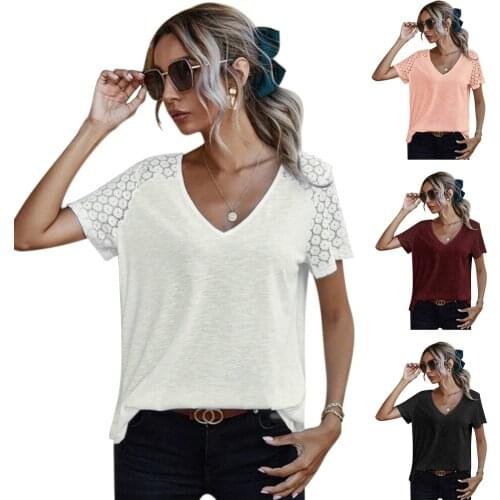Summer Lace Patchwork T-Shirt Sexy Women Deep V-Neck Short Sleeve Hollow Out Solid Tees Female Casual Loose T Shirt Pullover