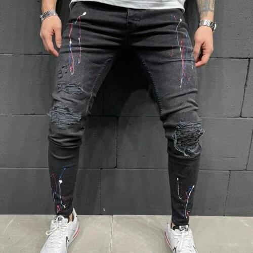 Men Ripped Skinny Patchwork paint Jeans Fashion Male Hole Beggar Jean Trousers Street Hip-Hop Moto & Biker Cowboy Pants Men