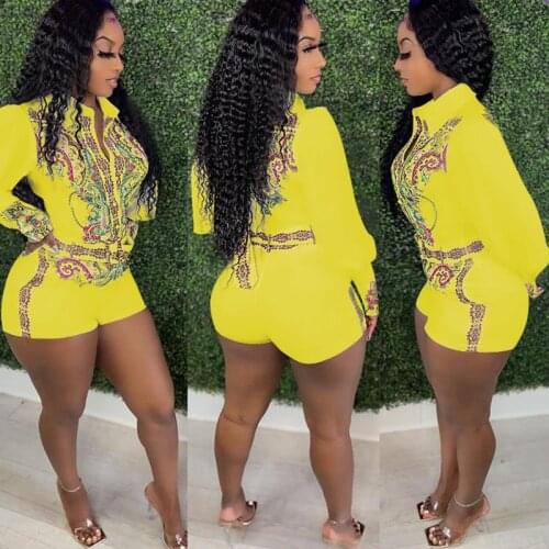 Sexy Print Bodycon Jumpsuit Shorts for Women Playsuit Turn-down Collar Button Up Shirt One Piece Outfits Club Wear Party Rompers