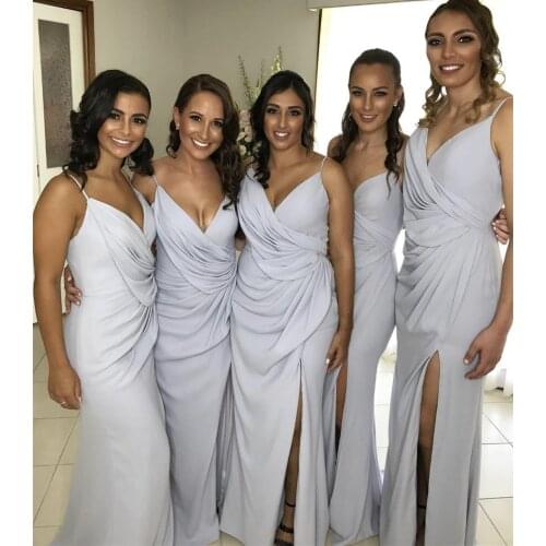 Bridesmaid Dress A-Line Spaghetti Straps Deep V-Neck Side Slit Pleat Backless Sleeveless Satin Floor Length Wedding Party Gowns
