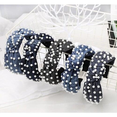 New Fashion Knot Denim Pearl Headbands For Women Girls Handmade Wide Twist Hairbands Makeup Bezel Solid Pearl Hair Accessories