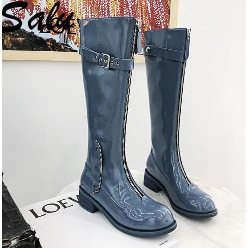Salu SIZE 34-42 Genuine Patent Leather Boots Women Autumn Winter Western Boots Zipper Fashion Knee High Boots Ladies Shoes