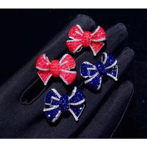 925 sterling silver with cubic zircon bowknot stud earring rose blue color cute romantic fine women jewelry