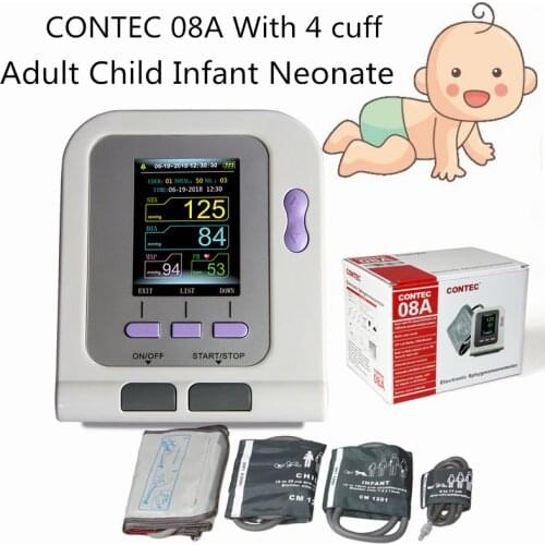 CONTEC08A with 4 cuff CE FDA Digital Blood Pressure Monitor Color LCD Display Adult Child Infant Neonate cuff