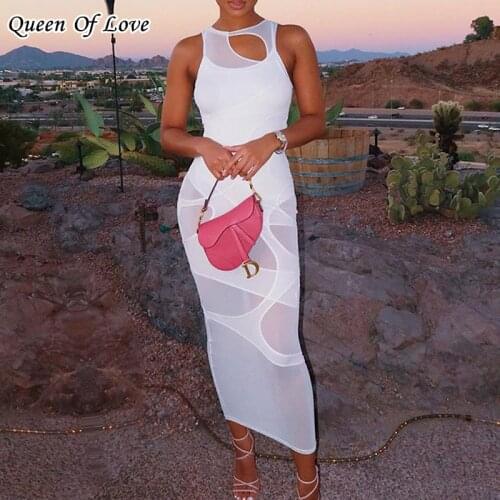 2021 New Summer Hollow Out Long Dress Women Sleeveless See Through Sexy Party Dress Female Fashion Slim Bodycon Dresses