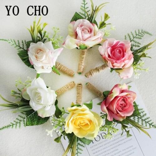 YO CHO Boutonniere Artificial Flower Wedding Bridesmaids Wrist Corsages Silk Rose Flower Groom Boutonniere Prom Wedding Bracelet