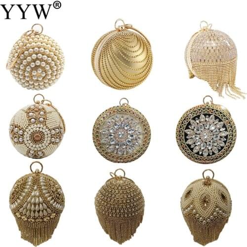 YYW Ladies Sparkly Rhinestone Round Evening Clutch Bag Elegant Handbags Wedding Bridal Party Purse Crystal Clutch Purse Gold