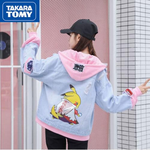 TAKARA TOMY Pokemon Ladies Fashion New 2021 Cute Cartoon Ripped Fake Two-piece Jacket Simple Comfortable Loose Denim Jacket