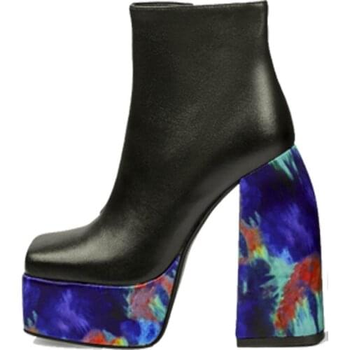 2021 New Genuine Leather Printing Platform Women Boots Autumn Winter Thick high heel Womens Shoes Short boots Big Size 35-43