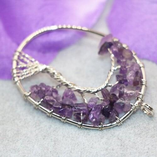 Ethnic style purple crystal gravel oval pendant 37*54mm stone handmade silver-color high quality women diy jewelry B3040