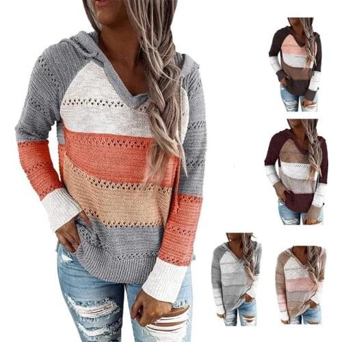 2021New Female Striped Pullover Hoodies Autumn Women Patchwork Hooded Sweater Long Sleeve V-neck Knitted Sweater S-3XL for Daily