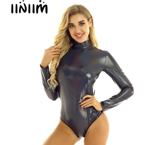 Womens Fashion One-piece Bodystocking Bodycon Shiny Metallic Gymnastic Dance Leotard Bodysuit Evening Cocktail Parties Clubwear