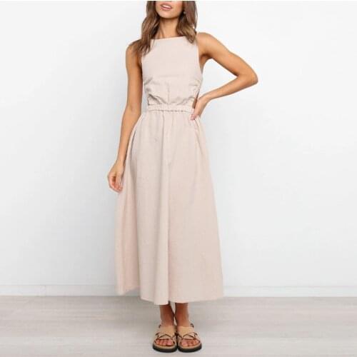 Women Solid Casual Long Dress O Neck Sleeveless Backless High Waist Elastic Band Sexy Party Dress 2021 New Women Fashion Dress