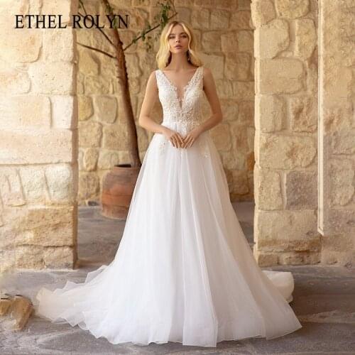ETHEL ROLYN A-Line Wedding Dress 2021 Delicate Beaded Appliques Backless Bride V-Neck Sleeveless Sparkly Tulle Beach Bridal Gown