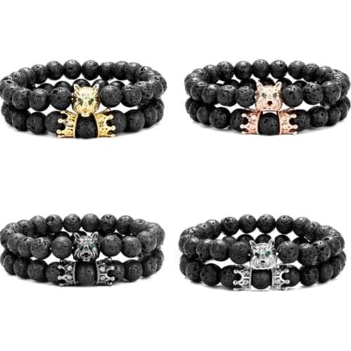 2pcs/lot 8mm wolf crown gold silver copper cz zircon cubic zirconia beads bohemian Bracelet agate Onyx Stone Bangles vhb45t