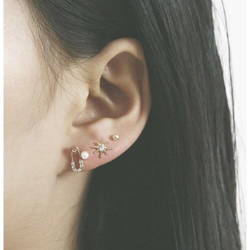 3 Pairs/Set Unique Paperclip Safety Pin Star Full Micro Pave Cz Sparking Bling Pearl Stud Earring Brincos Female Fashion Jewelry