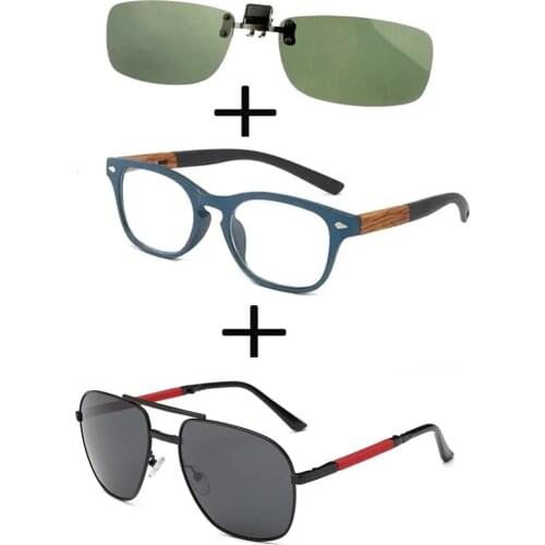 3Pcs!!! Comfortable Wooden Squared Frame Reading Glasses for Men Women + Alloy Polarized Sunglasses Pillot + Sunglasses Clip