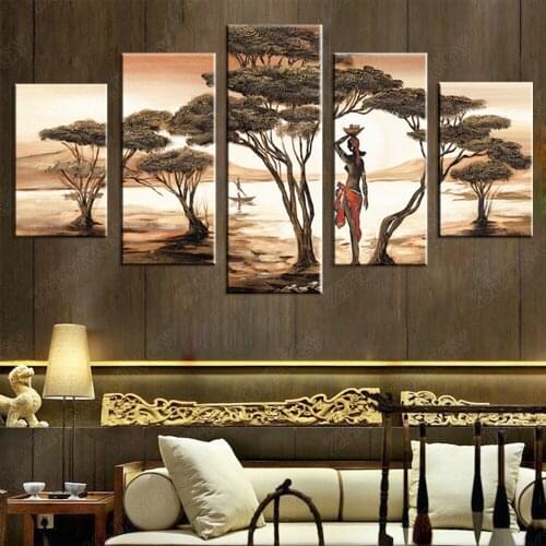 5 Panels African Woman Canvas Paintings For Living Room African Sunset Trees Scenery Modular Pictures Seascape Wall Posters