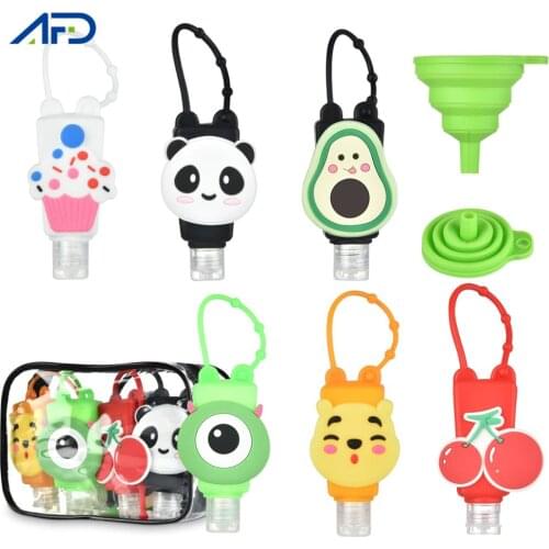 6pcs Cartoon Mini Hand Sanitizer with Funnel Portable Hand Gel Holder Split Bottle Detachable Cover Liquid Soap Dispenser Bottle