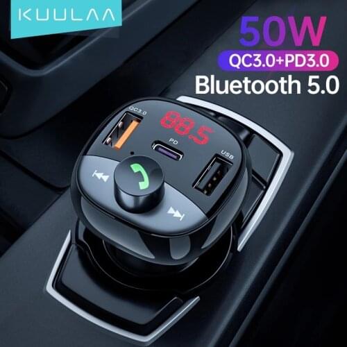 KUULAA Car FM Transmitter Bluetooth 5.0 Wireless Handsfree Car Kit Audio 3A Fast Car Charger MP3 Music TF Card U Disk AUX Player