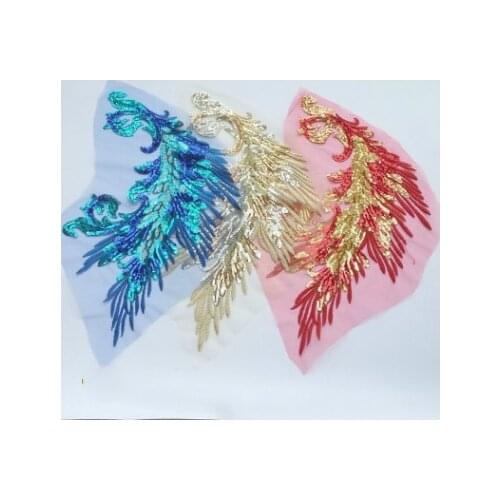 Sequin Embroidery Piece Without Glue Phoenix Peacock Feather Cloth Stickers Wedding Stage Fengyu Pattern Cloth Accessories 2Pcs