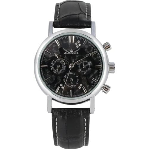 Mens Automatic Mechanical Watches Stainless Steel Skeleton Wristwatch Special Diamond-encrusted Dial Premium Leather Band