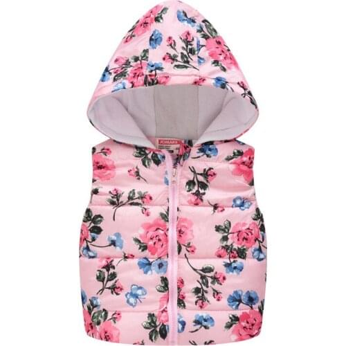 Kids Boys Girls Winter Vest Warm Cotton Sleeveless Coat Flower Printing Hooded Clothing