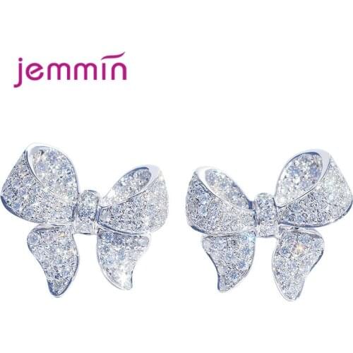 Delicate 100% 925 Sterling Silver Sparkling Bow Stud Earrings With Clear AAAA+ CZ Zircon Women Party Luxury Jewelry Gift