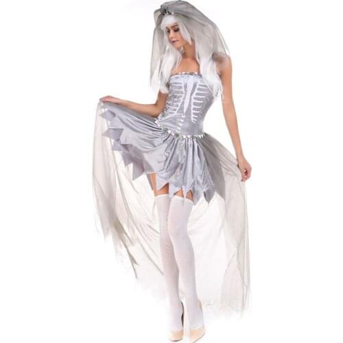 White Ghost Costumes Halloween Costumes For Women Halloween Cosplay Dress Ghost Bride Cosplay Dress Bone Printing Adult Costume