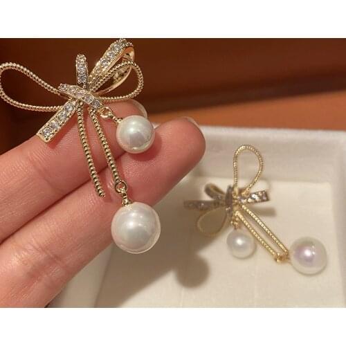 Love Heart Bow Earrings Shaped Pearl Tassel Crystal Zircon For Women Jewelry Girl Gift Fashion Simple Luxury Gold Color Party