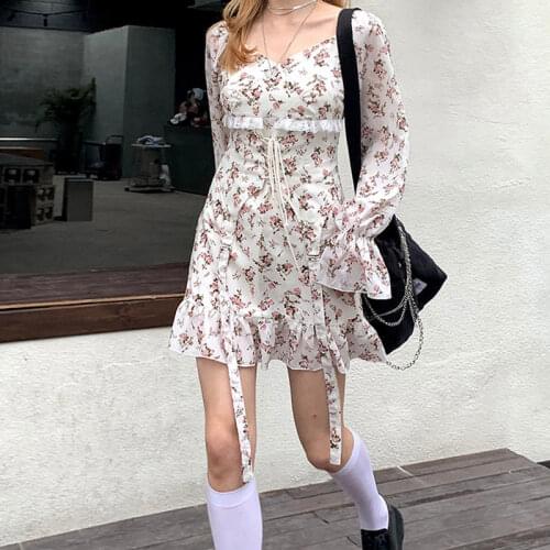 Sweet Floral Fairy Dress Women Japanese Ruffles Designer Party Mini Dress Female High Street Lace-up Bandage Princess Dress 2021