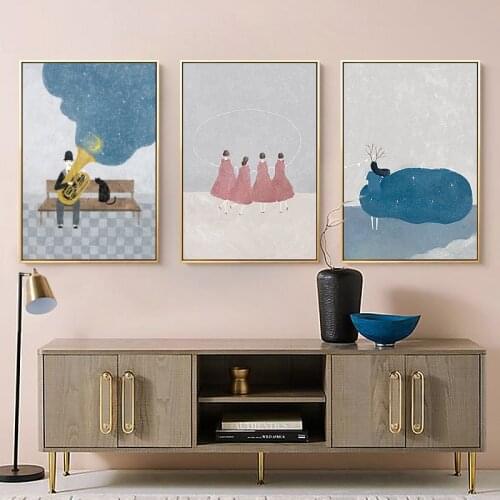 Cartoon Minimalist Girl Poster Nordic Landscape Illustration Canvas Painting Wall Art for Living Room Girls Home Cuadros Decor