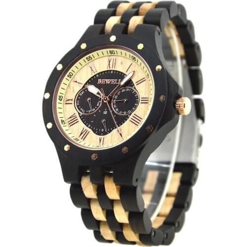 BEWELL Mens Maple and Sandal Wooden Watches Handmade Date Analog Quartz Vintage Round Wood Case