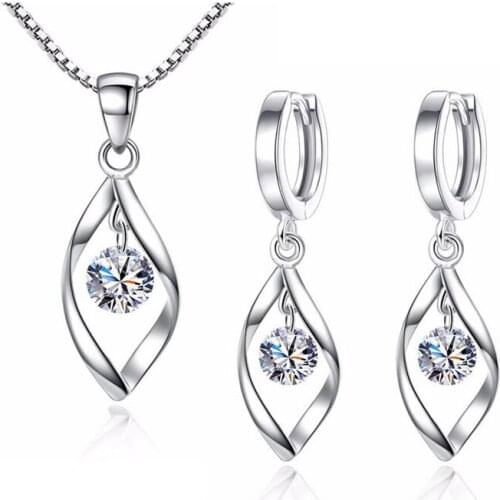 925 Sterling Silver Jewelry Sets Zirconia Twist Water Drop Necklace+Earrings Bijoux For Women Christmas Gift