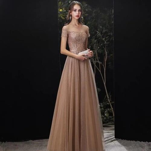 2021 Luxury Champagne Evening Dress Illusion Neck A-Line Beads Sequins Tulle Elegant Formal Party Gown For Wedding Prom Ceremony