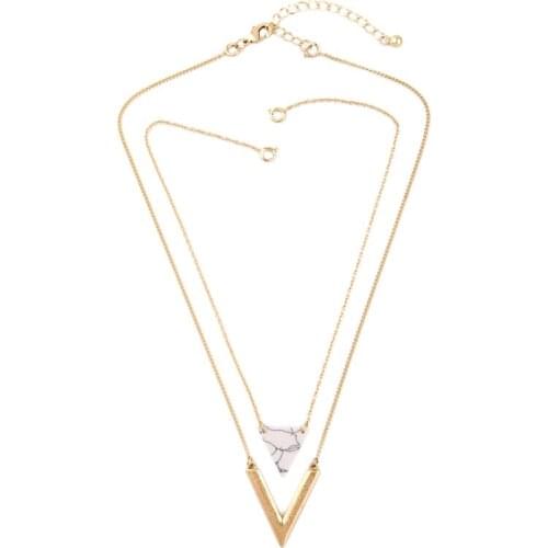 Removable Two Layers Triangle Pendant Necklace White Patterned Man-made Stone Necklace Short Chain
