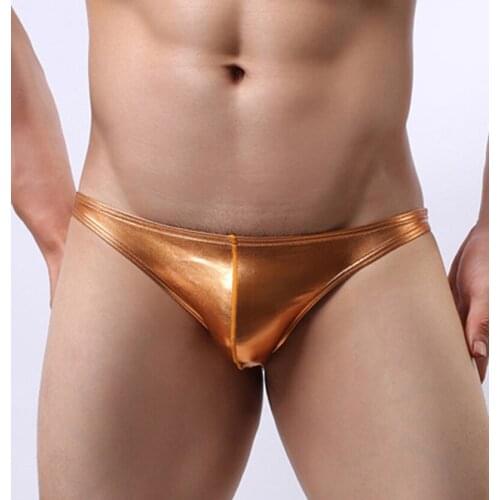 Men underwear gay imitation leather low waist briefs excitation convex pouch male underwear temptation open back funny pants