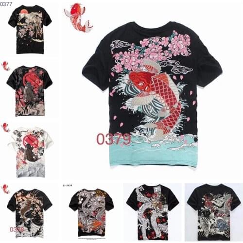 Japanese ukiyo-e embroidered carp diving short sleeve T-shirt popular logo cherry blossom short sleeve T-shirt for summer couple