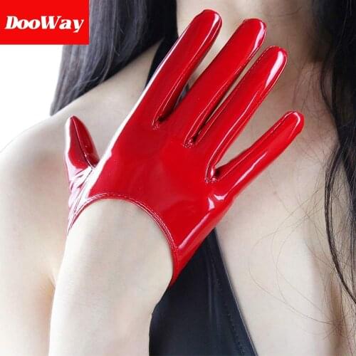 DooWay Hot Red 5-inch Shiny Faux Patent Leather PU Women Gloves, Handmade Cosplay Wedding Party Wearing Finger Gloves