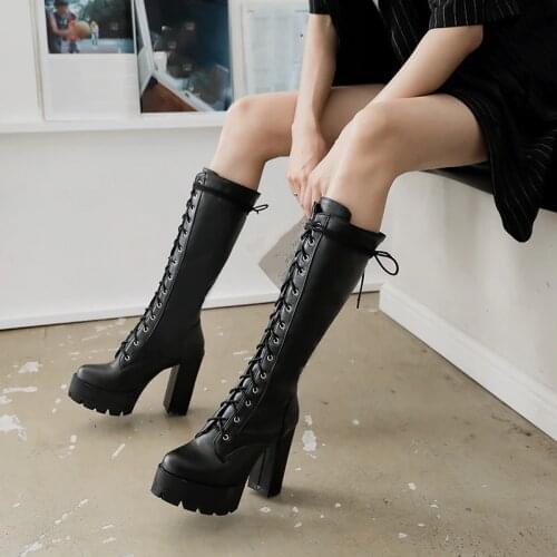 YMECHIC White Black Super High Heels Lace Up Boots Cross Tied Platform Goth Womens Shoes Punk Mid Long Knight Motorcycle Boots
