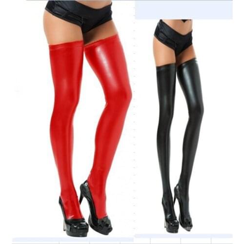 Women Black Red Silver PVC Faux Leather Stockings Ladys Wet Look Latex Thigh High Stockings Exotic Sexy Lingerie DS Clubwear