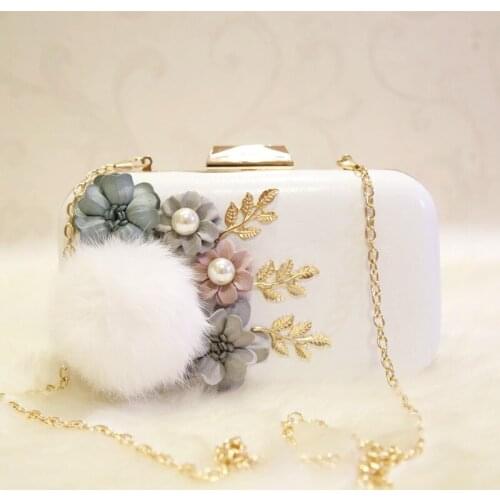 Women Clutch Bags Fur Flower Luxury Evening Bags Pearl WhiteHandbags PU Wedding Bride Purse Ladies Small Crossbody Shoulder Bag