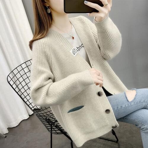 Womens sweater coat 2021 autumn and winter womens new style v-neck knitted cardigan long-sleeved solid color sweater