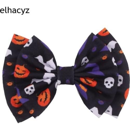 1PC New Halloween Pringitng 6'' Waffle Fabric Hair Bow with/without Clip for Girls Popular Headwear Kids DIY Hair Accessories