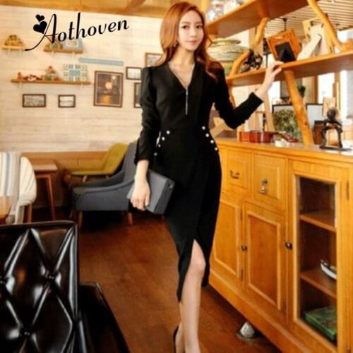 2018 New Autumn Bodycon Asymmetrical Dress Women Black Split Bandage Dress V-Neck Long Sleeves Slim Sexy Party Dress Vestidos