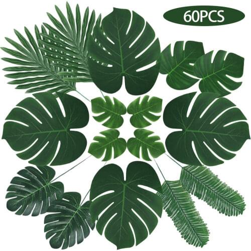 60 Pcs 6 Kinds Monstera Artificial Palm Leaves Tropical Plant Faux Stems Hawaiian Party Decorations Jungle Beach Theme Table