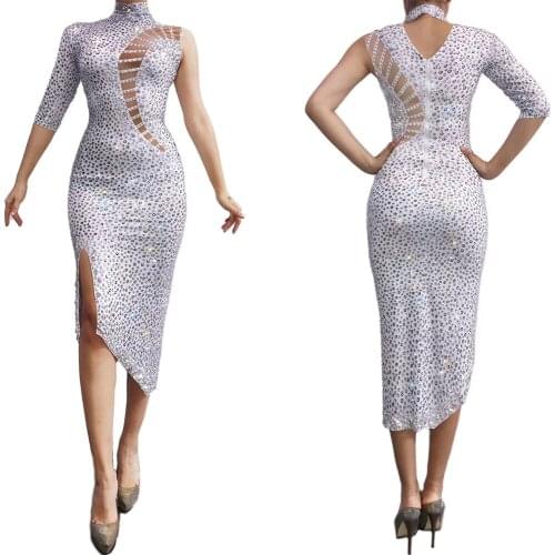 Sparkling Ladies Inlaid Rhinestone Split Dresses Half High Collar Elastic Sknny Dresses Party Evening Costume Singer Stage Wear