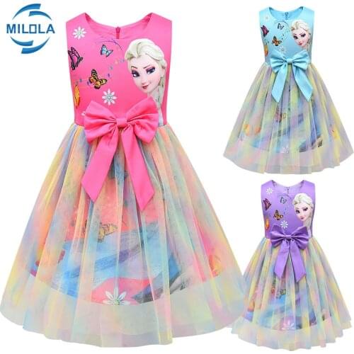 Disney Elsa Anna Frozen Girls Kid Ball Gown Princess Dress Bow Knot Cute Rainbow Party Birthday Gift Cosplay Costume Clothes